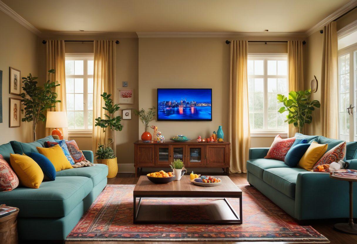 A cozy living room scene with a mom and kids laughing together while watching a TV show. The room is filled with vibrant colors, featuring a comfy sofa, snacks on the table, and warm lighting. Include family-friendly elements like toys scattered around and a pet lounging nearby. Showcase a TV screen with a fun cartoon character visible. super-realistic. vibrant colors. cozy atmosphere.