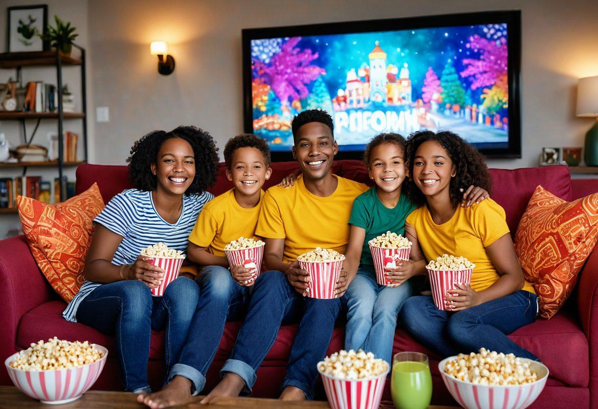 A joyful family sitting together on a colorful couch, filled with laughter while watching a fun family show on a big screen. Their surroundings are decorated with playful art and cushions, showcasing a warm and inviting atmosphere. Include a sense of togetherness with bowls of popcorn and a cozy blanket. Emphasize the children's sparkling eyes and the parents' smiles, embodying happiness and love. vibrant colors. super-realistic. cozy atmosphere.