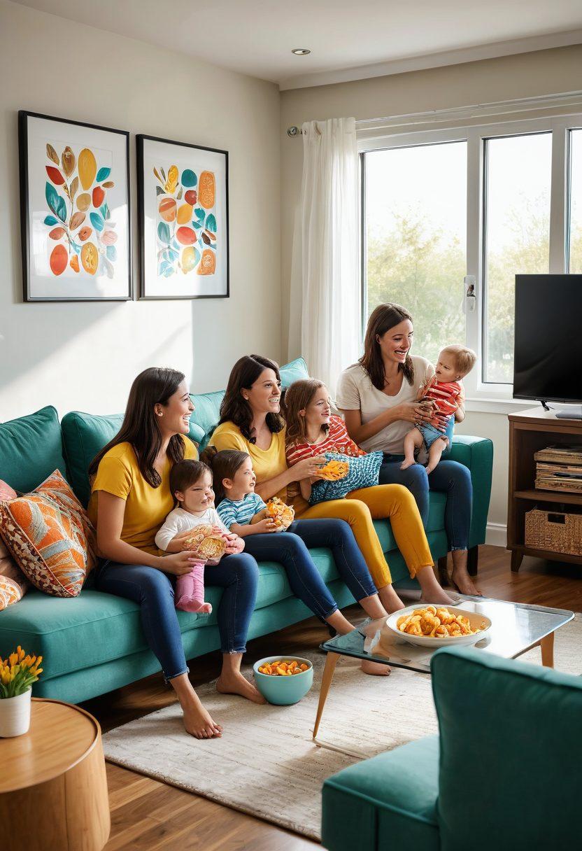 A lively living room scene, showcasing a modern mom watching engaging television with her family, laughter and joy on their faces. The room is cozy, filled with colorful cushions and snacks, while the TV screen displays a funny show. Light spills through the window creating a warm atmosphere, capturing the essence of family bonding. cartoon style. vibrant colors. soft lighting.